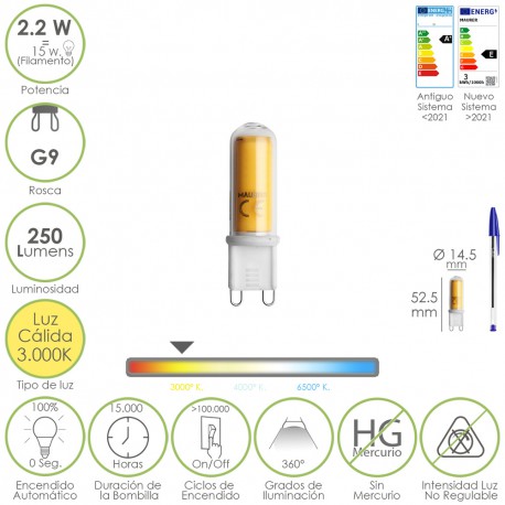 Bombilla Led Rosca G9. 2.2 Watt. Equivale A 15 Watt. 250 Lumenes. Luz Calida (3000º K.)